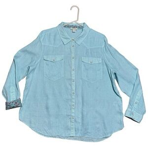 Sundance Women’s Willow Linen Sky Blue Pearl Button up Blouse Size XL